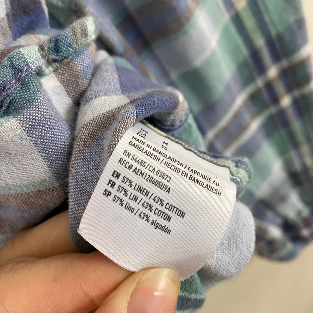 American Eagle Plaid Button Up Mens Medium Cotton Linen Blue Green Flannel - Picture 7 of 8